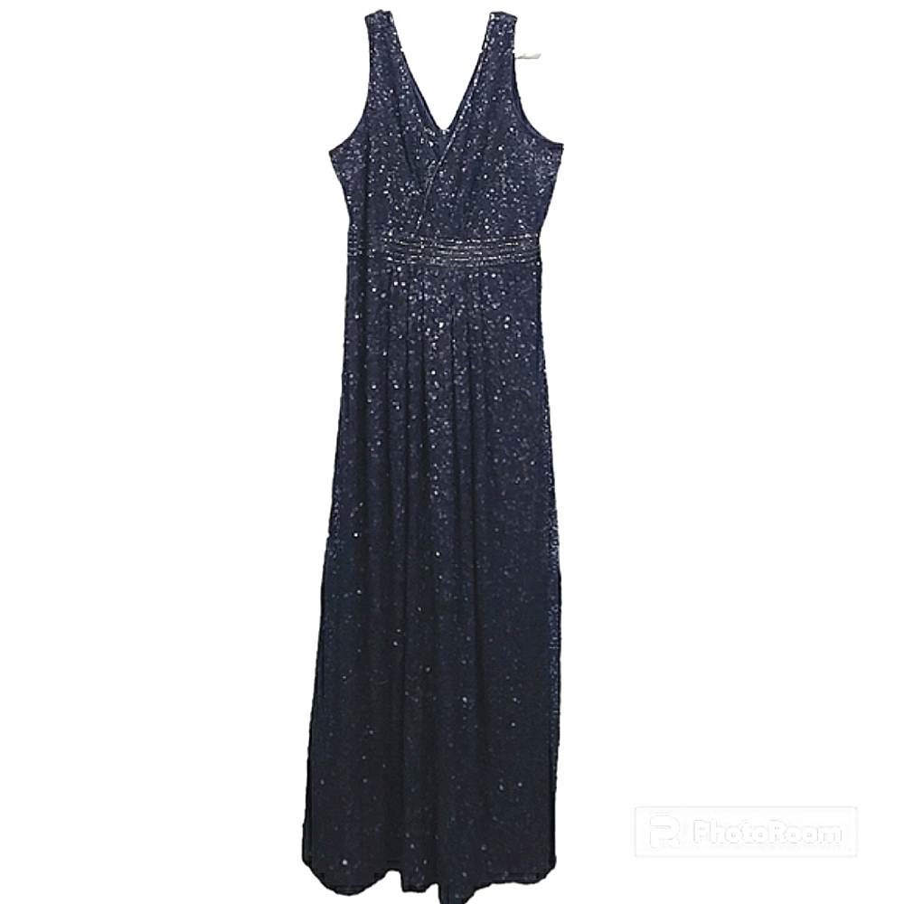 PRIMAVERA Size 22 Fully Sequined, Floor Length Sleeveless Navy Evening G…